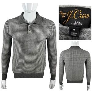 J Crew Men Medium Collared Sweater Polo Houndstooth BC487 100% Cashmere Slim EUC